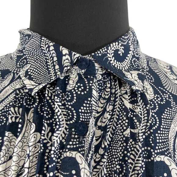 Talbots L Navy Paisley Button Down Top Pleated Oceanic Art to Wear Career Office - Picture 2 of 11